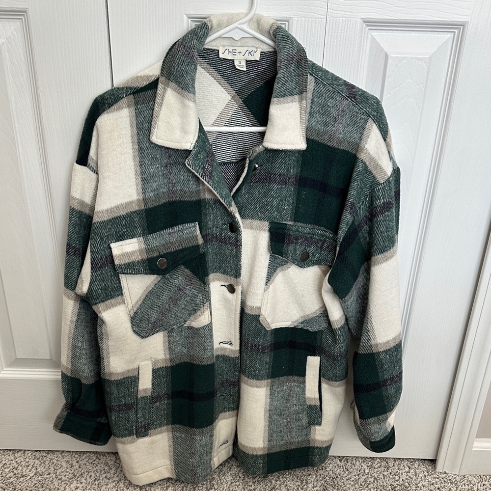 She + Sky Green and Cream Plaid Jacket